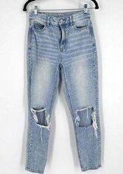 American Eagle Outfitter Women's Distressed Ankle Mom Jeans Blue Acid Wash Sz 0