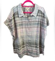 Christopher & Banks Short-Sleeved Plaid Button-Down Top Plus Size 2X Pink Gray