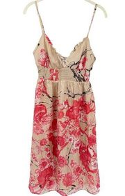 Oasis Womens Vintage Y2K 90s Floral 100% Silk Knee Length Dress Size 8 Tan Red