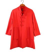 Noblu Red Stretch Cotton Knot Button Raw Edge Collared Swing Jacket 2 L XL