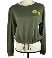 French Pastry Small Cropped Top Sunflower Quote Long Sleeve Stretch Olive Green