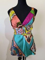 Alice & Trixie Womens Tank Size S Silk Geomtric V-Neck Wrap Hippie 90's Colorful