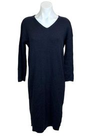Uniqlo Navy Blue Ribbed Knit V-Neck Midi Stretch Long Sleeve Sweater Dress Sz S