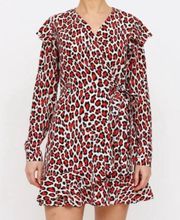 Lena Wrap Leopard Cheetah Dress White Black Red Long Sleeve Tie Ruffle Style: 1810D06 Size 6 Small