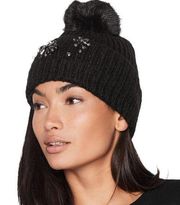 Victoria’s Secret Sparkle Pom Pom Black Snowflake Beaded Hat One Size New