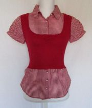 New  Short Sleeves Red White Plaid Dressy Summer Knit Top size L