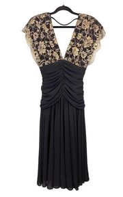 Casadei Vintage 70s Deep V Neck Gold Lace Ruched Empire Draped Dress Size 8