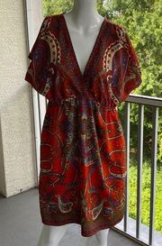 Burnt orange and lavender boho dress V neck Size M