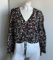 NWOT Roxy crop top floral V-neck flare cuff blouse