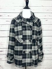 IRIS Gray & Black Plaid Soft Wool Blend Winter Pea Coat Size Medium