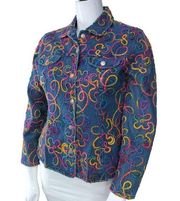 Chicos Womens Size 1 US 8 Denim Shirt Jacket Shacket Embroidered Colorful Ropes