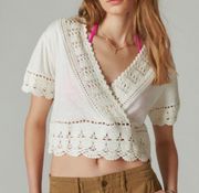 Lucky Brand NWT  V Nevk Crochet top short sleeve ivory white Size M