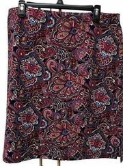 Talbots Knee Length Paisley Skirt Womens Sz Large Elastic Waist Pull On Red Blue