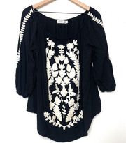 Solitaire Womens Plus Size Black White Floral Embroidery Boho Long Sleeve Top