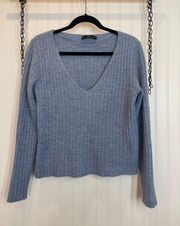 Mango Ribbed Knit Sweater Blue V-Neck Relaxed Pullover Casual Size M