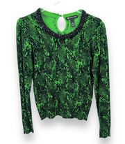 INC crew snakeskin print beaded collar embellished pullover sweater green M