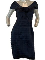 TADASHI Shoji Rosette Pleat Navy Sheath Dress 8