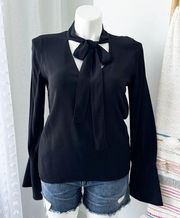 Alexis Black Bow Tie Neck Long Sleeves Classy Pullover Blouse Women’s Size Large