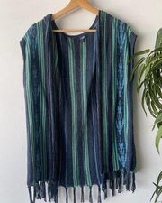 Chaps Cardigan Womens Small Blue Green Tassel Boho Knit Striped Hippie Coastal