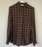 Beach Lunch  Brown Button Up Plaid Long Sleeve Casual