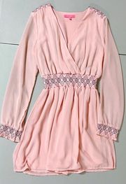 Pastel Pink Geometric Print Banded Long Sleeve Mini Dress Size M 🌷