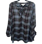 Motherhood Maternity Plaid Tunic Roll Tap Sleeves V cross string tie  Size Large