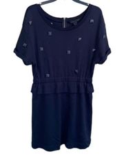 Marc Jacobs dress navy cotton ruffled waist‎ cuffed sleeve small embellished