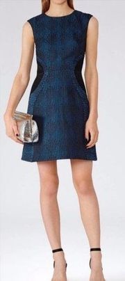 Reiss Kori Textured Fit and Flare Blue Black Dress Size 4