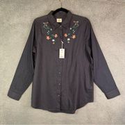 Marine Layer Women's Large Shirt Aria LS Relaxed Embroidered Faded Black Floral