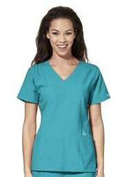 W123 Womens Scrub Top Size L-Turquoise V-Neck-Chest