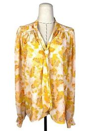 Flying Tomato Anthropologie Yellow Floral Long Sleeve Tie V-Neck Blouse Size M