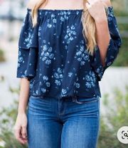 Jack by BB Dakota Rowell Navy Blue Floral Off Shoulder Short Sleeve Top XS