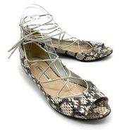 Manolo Blahnik Aneska Python Snakeskin Lace Up Peep Toe Ballet Flats