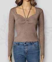 House of Harlow 1960 Sweater Bronze Sparkle Lurex Ribbed Knit Cropped Size L