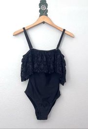 Venus Black Drip Drop Crochet Off Shoulder One Piece Swimsuit NWOT