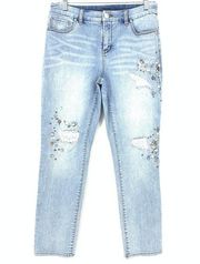 Chico's Women's 0 US 4 The So Slimming Ankle Distressed Bejeweled Skinny Jeans