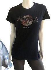 Hard Rock Cafe Lisbon Portugal Black Bling Short Sleeve Shirt Women's Size Large