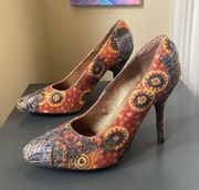 Multicolor Mix Media Textured Fabric Brocade Heels $179 EUC 7 / 38