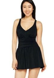 D & Co. Women's Beach Ruched Waist Black Swimsuit Dress Adjustable Size 12