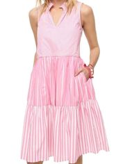 J. Crew Pink White Mixed Striped Sleeveless Tiered Popover Dress NWT Size Medium