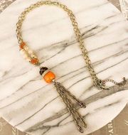 New York & Company Orange Multicolor Beaded Necklace - Tassel Chain Pendant