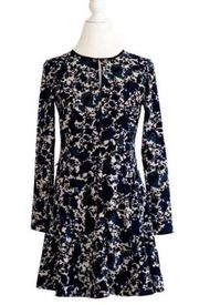 Simply Vera Wang Dress Blue Tan Floral A Line Long Sleeve Fit & Flare Size XS