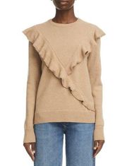 Chloe Ruffle Sash Cashmere Long Sleeve Crewneck Sweater in Pale Brown Size M