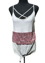 Full Of Sparkle Front Knot Halter Top- Ivory, Pink, & Gray