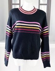 Jessica Simpson Crew Neck Sweater Striped Knit Black Multi Size L