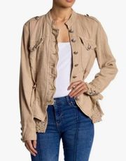 FREE PEOPLE🍃EMILIA LINEN BLEND MILITARY JACKET SAND TAN XS LACE AND EYELET TRIM