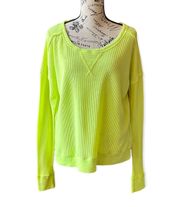 Free People Womens  Neon Yellow Waffle Knit Thermal Pullover Long Sleeve Shirt S