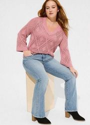 Torrid Pointelle Pullover V-Neck Sweater Size 1 1X Foxglove Pink Open Knit
