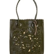 NWT Patricia Nash Olive Green Tooled Leather Gold Floral Cutout Tote Bag