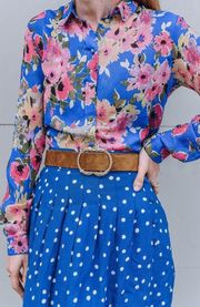 Sezane Top Ann Floral Silk Button-Down Long-Sleeve Summer Glow Jacquard 38 EUC